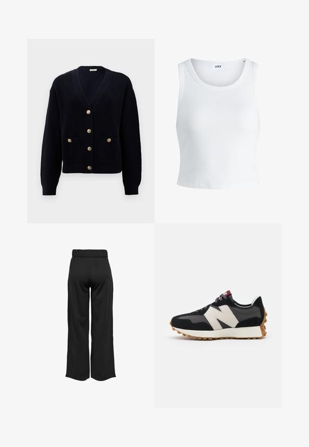 Tumedast ribadega kardigan V-kaelusega, millel on kuus kullatud nuppu ja kaks eesmist taskut. Pehme tekstuur ja sobivad mansetid täiendavad disaini.; Valge ribakujuline tank top, millel on ümmargune kaelus, varrukateta disain ja lühike pikkus. Silt ütleb "JJXX." Sile kangast tekstuur.; Mustad, laiad püksid elastse vöökohtaga, valmistatud siledast kangast. Omab lihtsat disaini, ilma taskute või nähtavate õmbluste detailideta.; Mustmust ja halli nubukist tennisajal on suur kreemjas "N" logo, lilla paelad ja tekstureeritud kummist välispohja.