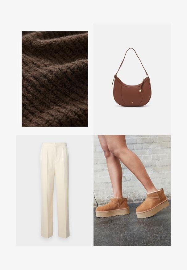 Hnědá pletenina s chlupatou texturou, se žebrovaným vzorem. Materiál vypadá silně a teple, ideální pro zimní oděvy.; Bílá jednobarevná bavlněná trička s kulatým výstřihem, krátkým rukávem a uvolněným střihem. Hladká textura bez vzorů nebo akcentů.; Elegant krémové kalhoty s rovnými nohavicemi, zdobené předními záhyby a hladkým povrchem. Pas je plochý a bez ozdob.; Hnědé semišové kotníkové boty s měkkou podšívkou, silnou béžovou platformou a zadním poutkem. Texturovaný povrch s viditelnými švy.; Hnědá kabelka přes rameno z umělé kůže s zakřiveným tvarem, minimálním prošíváním a zlatým kovovým akcentem. Disponuje vrchním zipovým uzavíráním a nastavitelným popruhem.