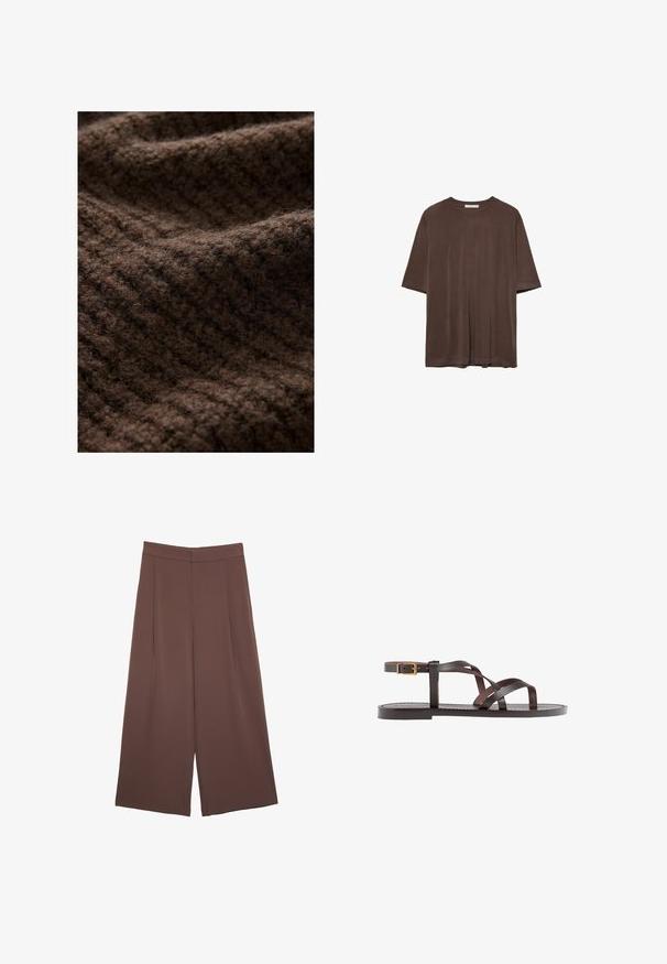 Brun stickad tyg med en fluffig textur, med ett ribbat mönster. Materialet verkar tjockt och varmt, lämpligt för vinterkläder.; Brun kortärmad t-shirt i mjukt tyg, med rund halsringning och en avslappnad passform. Slät yta utan mönster eller detaljer.; Bruna vida byxor med en slät textur, som har hög midja och framfickor. Tyget är lätt och flödar löst.; Bruna lädersandaler med korsade remmar, spänne runt vristen och en platt sula med minimala sömnadsdetaljer.