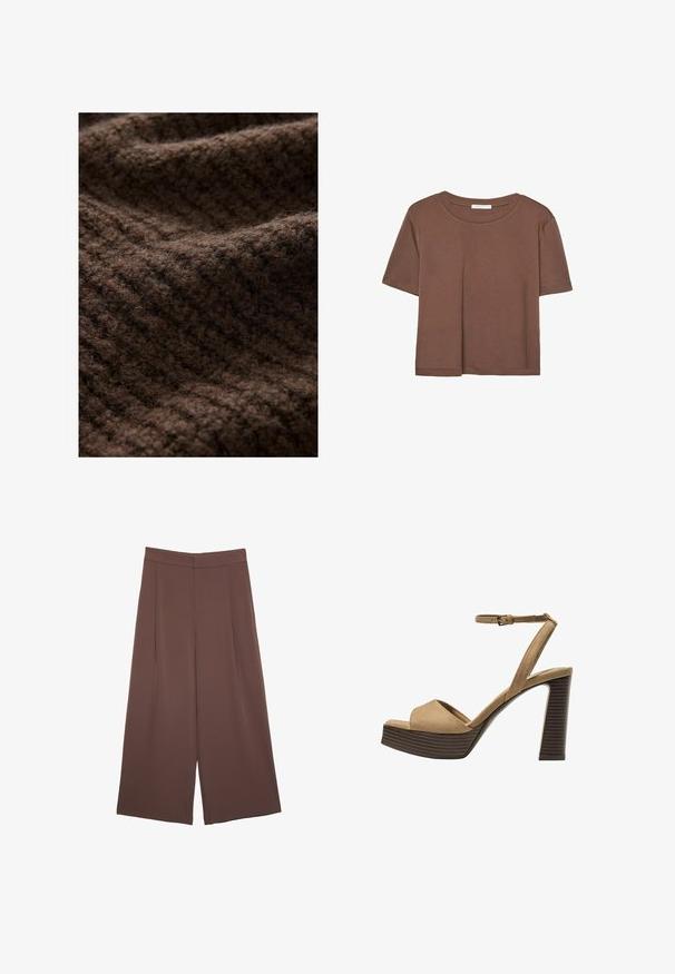 Bruine gebreide stof met een fuzzy textuur, voorzien van een geribbeld patroon. Het materiaal lijkt dik en warm, geschikt voor winterkleding.; Korte mouwen T-shirt in bruin, gemaakt van een zachte stof, met een ronde halslijn en een relaxte pasvorm. Geen zichtbare patronen of accenten.; Bruine wijde broek met een gladde textuur, voorzien van een hoge taille en plooien aan de voorkant. De stof is lichtgewicht en valt losjes.; Beige suède hoge hakken sandalen met een brede voorband en enkelband, met een dikke houten blokhak met een gestructureerde afwerking.