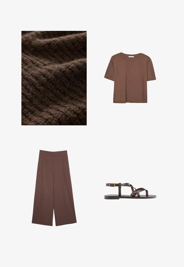 Brauner Strickstoff mit einer flauschigen Textur, der ein geripptes Muster aufweist. Das Material wirkt dick und warm, geeignet für Winterbekleidung.; Braunes, kurzärmliges T-Shirt aus weichem Material mit rundem Halsausschnitt und lockerer Passform. Keine sichtbaren Muster oder Akzente.; Braune Weite-Leg-Hosen mit einer glatten Textur, hoher Taille und Vorderfalten. Der Stoff ist leicht und fällt locker.; Braune Leder-Sandale mit überkreuzten Riemen, einem Knöchelriemen mit Schnalle und einer flachen Sohle mit minimalen Nähdetails.