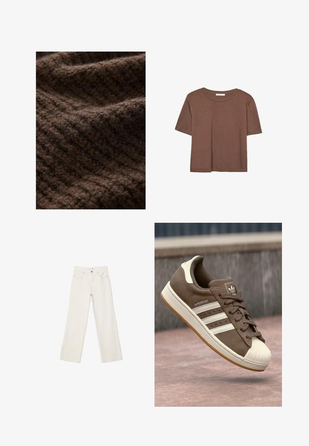 Tessuto in maglia marrone con una texture pelosa, caratterizzato da un motivo a costine. Il materiale appare spesso e caldo, adatto per indumenti invernali.; Maglietta a maniche corte marrone realizzata in tessuto morbido, con scollatura rotonda e vestibilità rilassata. Nessun motivo o dettaglio visibile.; Jeans bianchi a gamba larga in denim, con vita alta, tasche anteriori e chiusura con bottone. Design pulito e minimal con pochi dettagli.; Sneaker in suede marrone con strisce bianche, accenti crema e punta in gomma. Presenta un design con lacci e una suola in gomma testurizzata.