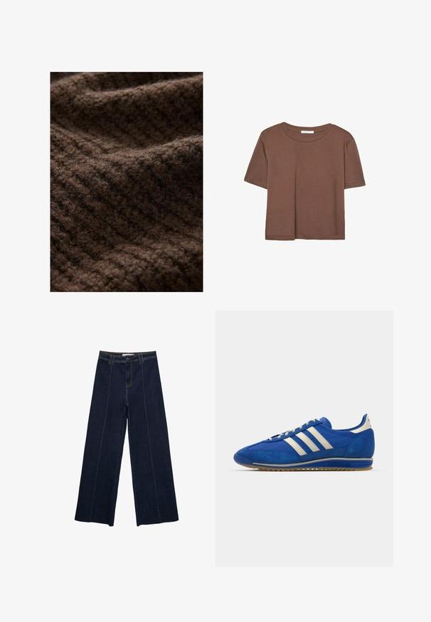 Tessuto in maglia marrone con una texture pelosa, caratterizzato da un motivo a costine. Il materiale appare spesso e caldo, adatto per indumenti invernali.; Maglietta a maniche corte marrone realizzata in tessuto morbido, con scollatura rotonda e vestibilità rilassata. Nessun motivo o dettaglio visibile.; Pantaloni in denim scuro a gamba larga con cuciture a contrasto, vita alta e taglio dritto. Presentano tasche anteriori e una chiusura classica con bottone.; Sneaker blu scamosciato a profilo basso, con tre strisce bianche, punta testurizzata e suola in gomma naturale.