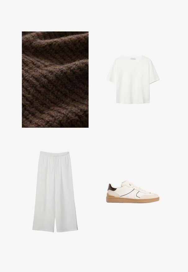 Brauner Strickstoff mit einer flauschigen Textur, der ein geripptes Muster aufweist. Das Material wirkt dick und warm, geeignet für Winterbekleidung.; Weißes T-Shirt mit kurzen Ärmeln aus Baumwolle. Hat einen Rundhalsausschnitt und eine lockere Passform. Glatte Textur ohne sichtbare Muster oder Akzente.; Weiße, weit geschnittene Hosen aus leichtem Stoff, mit einem elastischen Bund und einem Zugband für eine verstellbare Passform. Glatte Textur.; Stradivarius Sneaker low - white