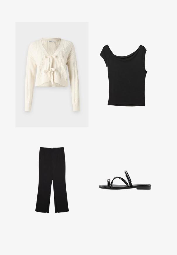 Cardigan cropped in maglina bianco sporco, con scollo a V, motivi a treccia e chiusura con fiocco frontale. Tessuto morbido con maniche lunghe.; Top nero a maniche corte realizzato in tessuto liscio; presenta un colletto drappeggiato e un orlo asimmetrico, con una vestibilità aderente.; Pantaloni neri a gamba dritta, con tasche frontali e spacchi laterali all'orlo. Realizzati in tessuto morbido e liscio. Adatti a diverse occasioni.; Infradito neri con una finitura lucida, tre sottili cinturini e un dettaglio hardware circolare sulla punta. Design elegante con un tacco minimale.