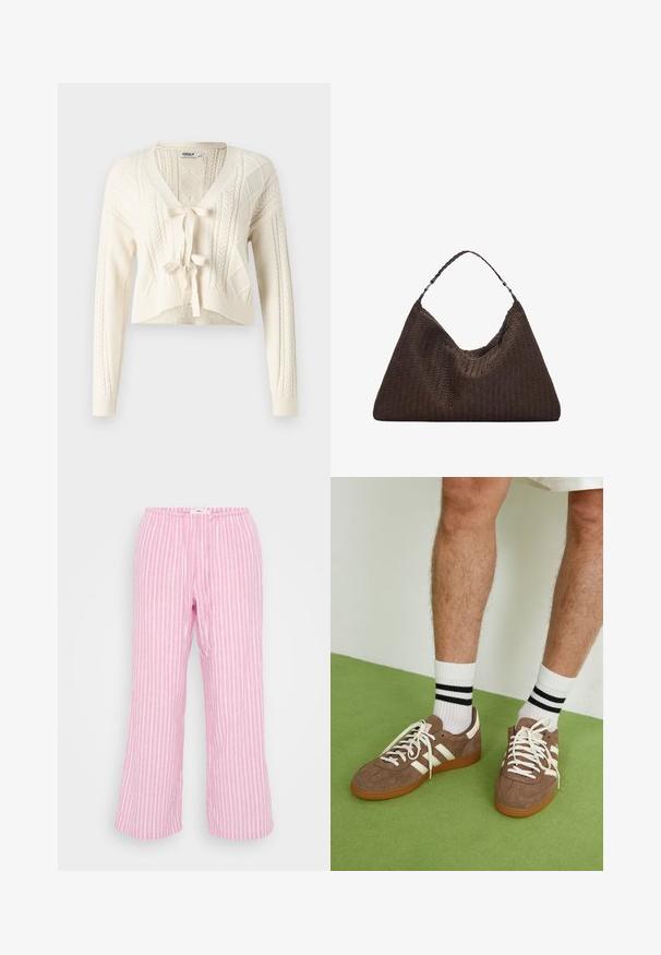 Cardigan scurt din tricotat, de culoare albă murdară, cu decolteu în V, modele cu cabluri și închidere cu fundă în față. Textură moale, cu mâneci lungi.; Top alb fără mâneci, cu un decolteu rotund, asociat cu blugi gri cu talie înaltă, având buzunare și închidere cu nasture.; Pantaloni roz cu dungi, cu talie elastică, dintr-un material ușor, cu croială largă și o textură netedă. Dungi verticale in alb.; Adidași maro din suede cu accente și șireturi albe. Talpă din cauciuc de culoare caramel. Purtați cu șosete albe cu dungi negre. Pardoseală verde texturată.; Geantă din piele împletită, de culoare maro, cu o formă triangulară, lejeră. Are un mâner împletit și închidere cu fermoar pe partea superioară.; Trei agrafe de păr: una cu un model marmorat alb-negru, două tortoiseshell în nuanțe de maro și negru, toate realizate din plastic lucios cu un finisaj texturat.