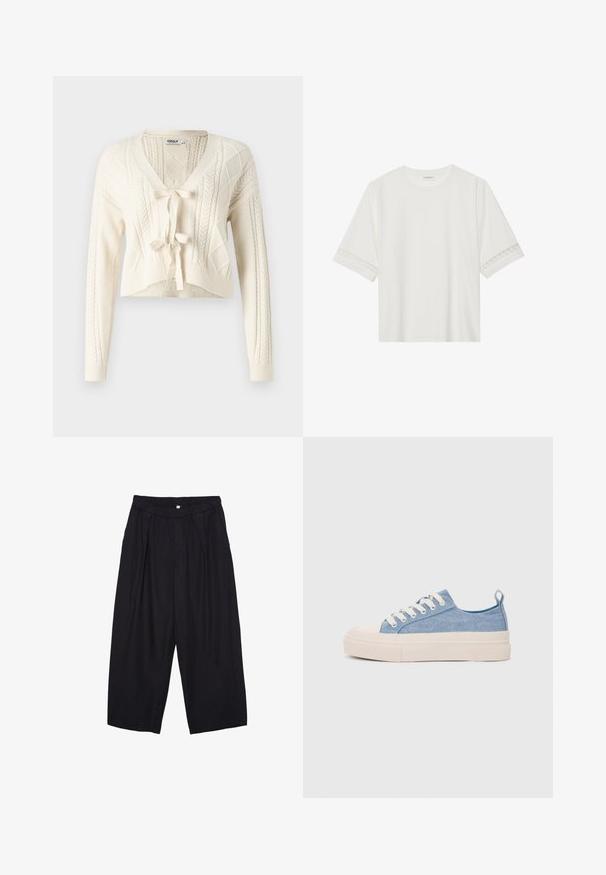 Cardigan cropped in maglina bianco sporco, con scollo a V, motivi a treccia e chiusura con fiocco frontale. Tessuto morbido con maniche lunghe.; T-shirt bianco a maniche corte in cotone, con bordi in pizzo decorativi lungo le maniche e scollo rotondo.; Pantaloni culotte neri in poliestere con una cintura elastica, due pieghe frontali e una silhouette ampia. Nessun motivo visibile o dettagli in metallo.; Sneakers di tela blu chiaro con punta e suola in gomma crema, dotati di lacci bianchi e un cinturino sul tallone.