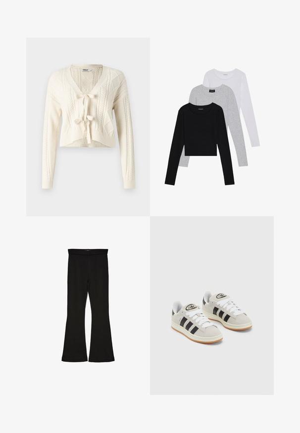 Gehaakte cropped cardigan in gebroken wit, met een V-hals, kabelpatronen en een sluiting met een strik aan de voorkant. Zachte textuur met lange mouwen.; Drie langmouwige tops gestapeld: zwart, grijs en wit. Elke top heeft een ronde halslijn en een cropped ontwerp van soepel, lichtgewicht materiaal.; Zwarte flare leggings gemaakt van rekbaar materiaal. Beschikt over een brede tailleband en een zachte textuur, met een getailleerd silhouet dat uitloopt bij de zoom.; Grijze nubucklederen sneakers met witte veters, zwarte strepen en een witte rubberen zool. Bevat een rond logo op de tong en een gumzool.