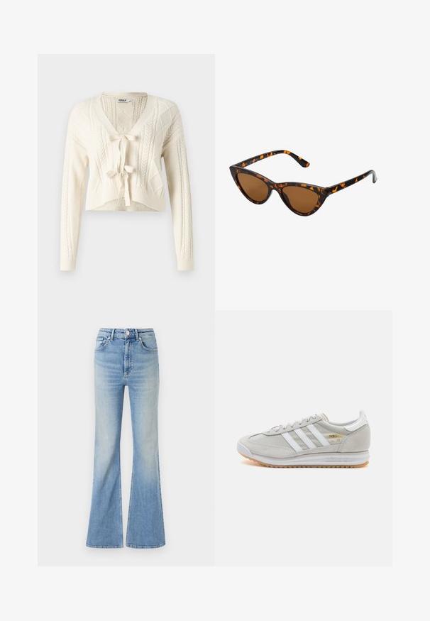 Pleteni skrajšani kardigan v off-white barvi, z V-izrezom, kabelskimi vzorci in sprednjim zavezovanjem. Mehka tekstura z dolgimi rokavi.; Bela brezrokavna majica iz rebraste tkanine, z zaobljenim izrezom in prilegajočim silhueto, z minimalnimi šivi in brez okraskov.; Svetlo modri široki kavbojki iz denima, z visokim pasom, petimi žepi in subtilnim postopnim zbledanjem proti robu.; Svetlo sivi tenisice od antilopa i mrežaste tkanine, s tri bijele pruge, okruglim vrhom i gumenim potplatom. Zlatni logo akcent blizu vezica.; Mačje oči sončna očala z okvirom v črno-oranžni želvej ohišji, rjavimi lečami in elegantnimi, ostrimi konicami. Imajo minimalistični logo na ročaju.
