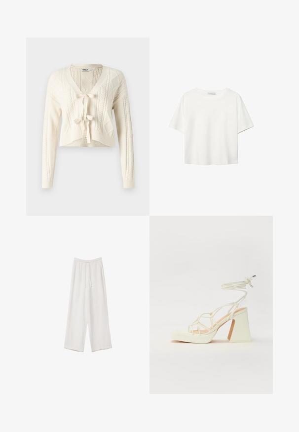 Gehaakte cropped cardigan in gebroken wit, met een V-hals, kabelpatronen en een sluiting met een strik aan de voorkant. Zachte textuur met lange mouwen.; Witte korte mouwen t-shirt van katoen. Heeft een ronde halslijn en een ontspannen pasvorm. Glad textuur zonder zichtbare patronen of accenten.; Witte wijde broek gemaakt van een lichte stof. Voorzien van een elastische tailleband met een trekkoord en zijzakken. Zachte textuur.; Witte hoge hakken sandaal met een chunky hak, met een bandjesontwerp en enkelband. Gladde textuur met een plateau voor extra hoogte.
