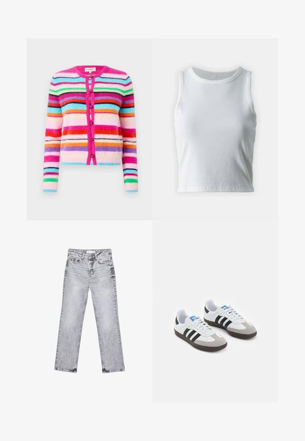 Fuzzy cardigan with multicolored horizontal stripes in pink, blue, green, and orange. Features a rounded neckline and decorative buttons.; White ribbed tank top with a round neckline and sleeveless design, featuring a straight hem and a smooth, stretchy texture.; Gray denim jeans with a straight-leg cut, distressed detailing, five pockets, and copper rivets. Waistband features a logo tag.; Sport shoes with a white leather upper, gray suede toe, and three black stripes. Features a blue logo on the tongue and a textured rubber sole.