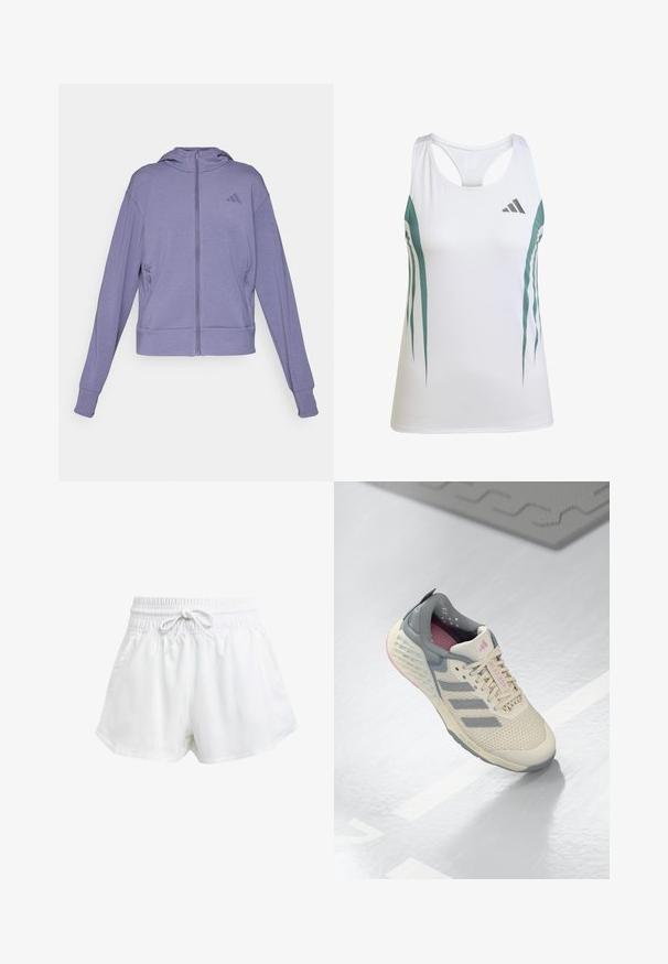 Lila Zip-Up-Hoodie aus weichem Material. Verfügt über eine Kapuze, zwei Seitentaschen und gerippte Bündchen mit einem geprägten Logo auf der Brust.; Weißes Sport-Tanktop mit türkisfarbenen Akzenten und geometrischem Muster. Verfügt über ein Racerback-Design und leichten, strukturierten Stoff.; Weiße Sportschorts mit elastischem Bund und einstellbarem Kordelzug. Hergestellt aus leichtem Material, mit seitlichen Taschen und lockerer Passform.; Beige Sportschuh mit grauen Akzenten, mesh-obermaterial und einer strukturierten Sohle. Verfügt über drei graue Streifen und pinke Innendetails.