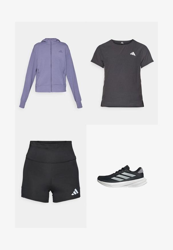 Lila Zip-Up-Hoodie aus weichem Material. Verfügt über eine Kapuze, zwei Seitentaschen und gerippte Bündchen mit einem geprägten Logo auf der Brust.; Kurze Ärmel Sport-T-Shirt, dunkelgrau mit durchbrochener Textur. Enthält ein weißes Logo und kontrastierende Seitenstreifen. Runder Ausschnitt.; adidas Performance Tights - black; Schwarzer Laufschuh mit Mesh-Obermaterial, drei silbernen Streifen, weißer Zwischensohle und strukturiertem Außensohle. Verfügt über einen gepolsterten Schaft und eine Schnürung.