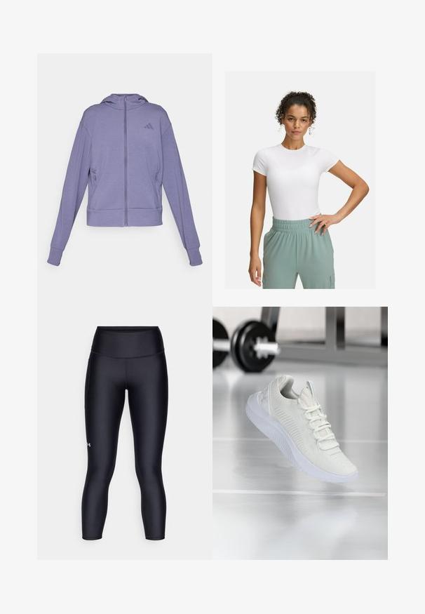 Vijolična zadrga kapuca iz mehkega blaga. Ima kapuco, dva stranska žepa in rebraste manšete z embosiranim logotipom na prsih.; Bela prilegajoča majica s kratkimi rokavi, kombinirana z lahkimi hlačami z elastičnim pasom v svetlo zeleni barvi. Gladka tekstura, minimalistična zasnova in brez vidnih vzorcev.; Črne legice iz gladkega, raztegljivega materiala. Visok pas s tesnim prileganjem in majhnim logotipom na levi nogi.; Bela športna teniska z mrežastim zgornjim delom z teksturo in sistemom vezalk, ki ima oblazinjen beli podplat in subtilne rebraste detajle.