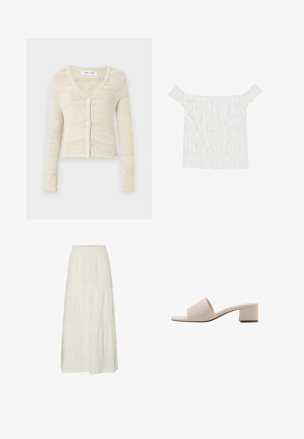Cardigan lavorato a maglia in beige con scollo a V, maniche lunghe e chiusura con cinque bottoni. Presenta un motivo testurizzato e un design corto.; Top bianco senza spalline con dettagli arricciati, texture plissettata e vita elasticizzata. Realizzato in morbido cotone.; Gonna maxi bianca a strati realizzata in tessuto leggero e testurizzato con vita elastica. Caratterizzata da tre sezioni di tessuto distinte.; Sandalo beige con tacco a blocco, dotato di una fascia larga e punta aperta. Materiale liscio e design elegante. Tacco corto e robusto per maggiore stabilità.