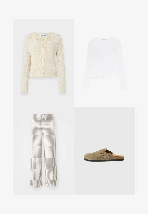 Pletený kardigán v béžovej farbe s výstrihom do V, dlhými rukávmi a uzatváraním na päť gombíkov. Má štruktúrovaný vzor a skrátený strih.; Biely top s dlhým rukávom a okrúhlym výstrihom. Má priliehavý strih, hladkú textúru tkaniny a mierne skrátený lem.; Široké nohavice z ľahkej tkaniny s horizontálnymi pruhmi v béžovej a bielej farbe. Elastický pás s šnúrkou na zaväzovanie.; Papučka v štýle dreváka zo semišu v olivovo zelenej farbe s úzkym remienkom a detailom kovovej pracky. Má korkovú stielku a čiernu gumovú podrážku.
