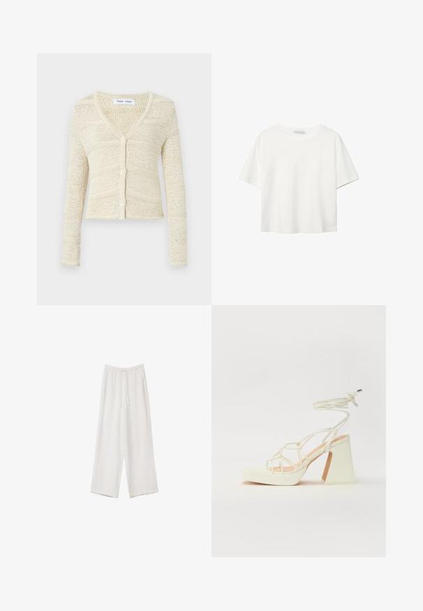 Beigefarbene Strickjacke mit V-Ausschnitt, langen Ärmeln und einer Fünf-Knopf-Verschluss. Mit strukturiertem Muster und cropped Design.; Weißes T-Shirt mit kurzen Ärmeln aus Baumwolle. Hat einen Rundhalsausschnitt und eine lockere Passform. Glatte Textur ohne sichtbare Muster oder Akzente.; Weiße weit geschnittene Hose aus leichtem Stoff. Mit einem elastischen Bund und Kordelzug sowie Seitentaschen. Glatte Textur.; Weiße High-Heel-Sandale mit einem klobigen Absatz, die über ein Riemchendesign und ein Knöchelband verfügt. Glatte Textur mit einer Plattform vorne für zusätzliche Höhe.