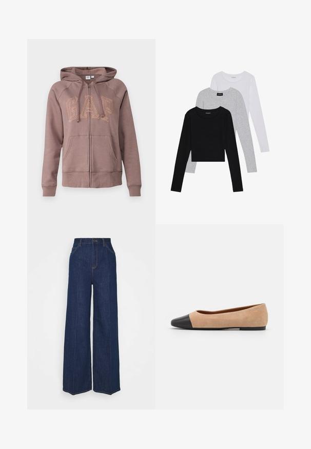 GAP HERITAGE - Džemperis ar kapuci - wassel gold lurex; Trīs garām piedurknēm veidotas augšdaļas, sakrautās: melna, pelēka un balta. Katram ir noapaļots kakla izgriezums un īsa dizaina forma ar gludu, vieglu audumu.; Augstas jostas līmeņa plaša kāju tumši zila džinsu bikses ar priekšējiem un aizmugurējiem kabatām, poga aizdare un redzami šuvju detaļas.; Beigā zamšādas balerīnas ar melnu ādas noapaļotu purngalu, zemu papēdi un gludu tekstūru, ar minimālu dūrienu un tīru dizainu.