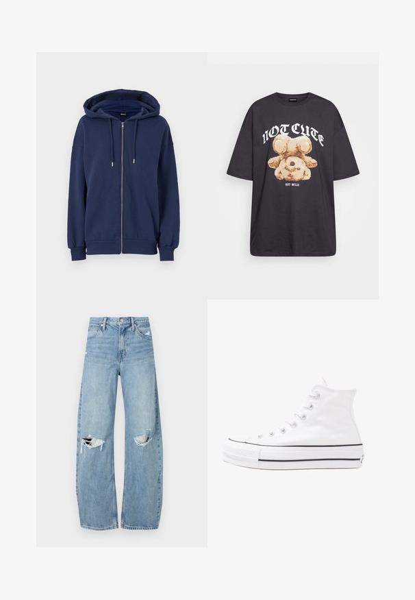 Gina Tricot ZIP HOODIE - Majica s kapuljačom - peacoat; Crna oversized majica s grafikom medvjeda i natpisom "NIJE SLATKO, ALI DIVLJE" u podebljanim, bijelim slovima. Pamuk.; Svijetloplave, visoko-strukirane traperice. Imaju široke nogavice, dva razderana područja na koljenima i klasičan stil s pet džepova.; Bijela visoka platnena tenisica s crnom gumenom potplatom, prednjim gumenim zaštitnikom prstiju i šest rupa za vezanje, s čistim, minimalističkim dizajnom.