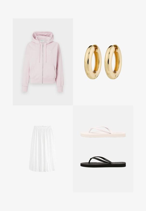 Lys pink zip-up hættetrøje med frontlommer, snørehætte og lange ærmer, præsenteret på en hvid baggrund.; To tanktoppe udstillet, en sort og en hvid. Begge har en ribbet tekstur og brede stropper med en rund halsudskæring.; Hvid, knælang nederdel lavet af letvægtsstof. Har en elastisk talje for justerbar pasform og blødt fald.; Hvide og sorte gummiflip-flops med strukturerede fodsenge, tynde stropper og kontrasterende farver. Hver størrelse har et simpelt design og minimal branding.; Gyldne hoops øreringe med en glat, poleret overflade og rund form. Den indre kant har en subtil splitdetalje til lukning.