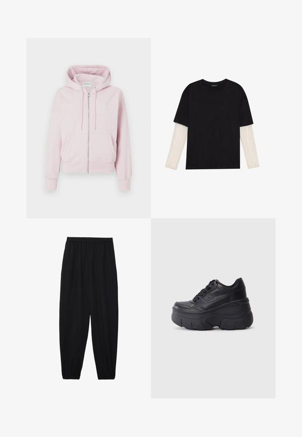Šviesiai rožinė zip-up sportinė striukė su priekinėmis kišenėmis, su raišteliu reguliuojama kapučino ir ilgomis rankovėmis, eksponuojama baltame fone.; Juodas medvilninis marškinėliai su trumpomis rankovėmis, virš baltos ilgo rankovio sluoksnio, turinčio subtilų tekstūrinį raštą. Apvalus iškirpimas.; Juodi, lengvi kelnių su elastinga juosmens juosta ir surinktais kulkšniais. Audinys yra lygus ir turi atsipalaidavusį, siaurėjantį dizainą.; Juodi lakuoti sportbačiai su masyviu padu, turintys sklandų odinį viršų, suapvalintą pirštą ir išskirtinį sluoksniuotą platformos dizainą.
