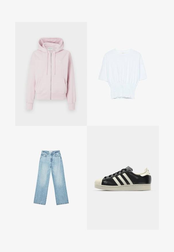Svetlo roza zip-up kapuca s sprednjimi žepi, kapuco na vrvico in dolgimi rokavi, prikazana na beli podlagi.; Bela majica s kratkimi rokavi sproščenega kroja in z gubanim materialom na pasu. Narejena iz mehkega, lahkega blaga.; Svjetloplave široke traperice s visokim strukom, s izblijedjelim pranjem i malim, raštrkanim oštećenjima po cijelom dijelu.; Črne usnjene superge z belimi črtami, gumijastim pokrovom za prste, črnimi vezalkami in kremasto obrobo podplata. Gladka tekstura z sijočim zaključkom.