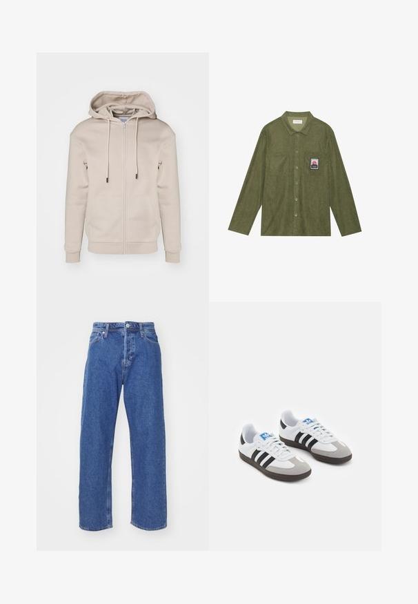 Beige zip-up hoodie lavet af blødt stof med hætte der kan justeres, frontlommer og ribbede manchetter og kant. Glat tekstur og minimalistisk design.; Olivenfarvet corduroy skjorte med lange ærmer, knaplukning, to brystlommer og et bjergmotiv patch på den venstre lomme.; Blå denimjeans med lige ben, med knap- og lynlåslukning, fem-lomme stil og minimale syninger.; Sportsko med en overdel i hvid læder, grå ruskind på tåen og tre sorte striber. Har et blåt logo på tungen og en struktureret gummisål.