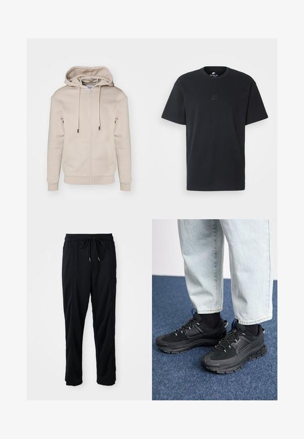 Beige zip-up hettegenser laget av myk stoff med snorhette, frontlommer og ribbede mansjetter og fald. Jevn tekstur og minimalistisk design.; Nike svart bomull T-skjorte med klassisk rund hals, korte ermer, og en subtil, preget logo på brystet. Glatt tekstur.; Svarte casual bukser med strikk i livet, sidelommer og rett bein på en ensfarget bakgrunn.; Svarte sportssko med teksturert stoff og gummisåler, med elastiske lisser og en blå detalj på hælen. Brukt med lyse denimbukser.