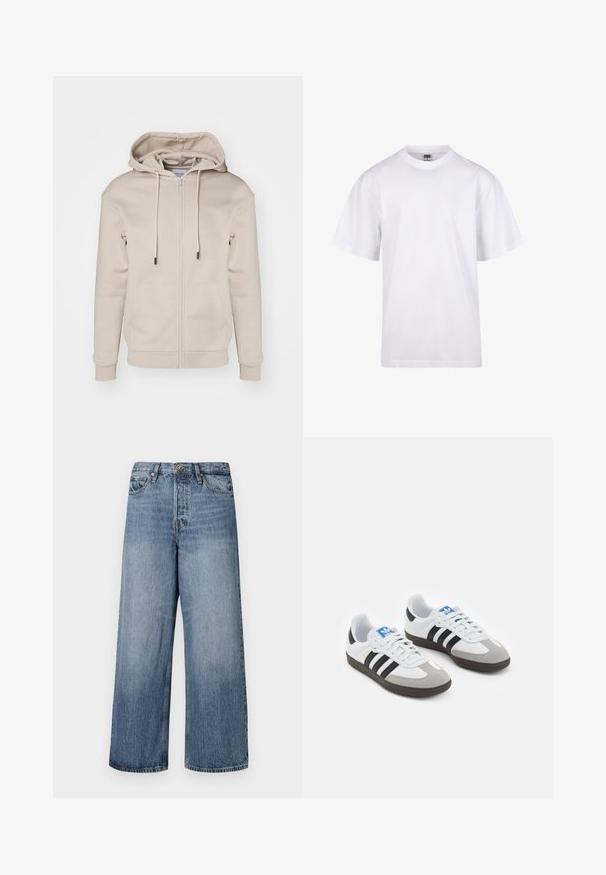 Haut à capuche beige zippé en tissu doux avec capuche à cordon, poches avant et poignets et ourlet côtelés. Texture lisse et design minimaliste.; T-shirt en coton blanc avec un col rond, des manches courtes et une coupe décontractée. Présente un design uni sans motifs ni accents.; Jean en denim bleu à jambes larges avec un lavage délavé, design à cinq poches et fermeture à bouton. Équipé de passants de ceinture et de détails cousus.; Baskets avec une tige en cuir blanc, un bout en daim gris et trois bandes noires. Présente un logo bleu sur la languette et une semelle en caoutchouc texturée.