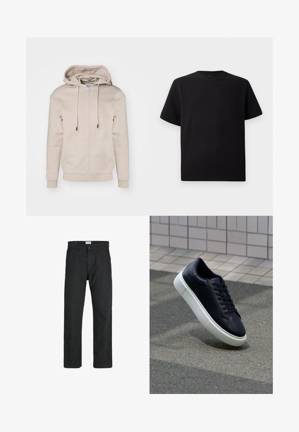 Beige zip-up hoodie van zachte stof met een trekkoordcapuchon, voorzakken en ribboorden aan de mouwen en onderkant. Glad textuur en minimalistisch ontwerp.; Zwarte T-shirt met korte mouwen van gemerceriseerd stof, met een ronde halslijn en een relaxte pasvorm. Eenvoudig, zonder patronen of accenten.; Zwarte broeken gemaakt van duurzame stof, met een recht gesneden ontwerp, gestikte accenten en twee voorzakken voor functionaliteit.; Zwarte leren sneaker met een ronde neus en een witte rubberen zool. Voorzien van platte veters en minimale stiksels op het bovenwerk. Textuurrijke zool voor grip.