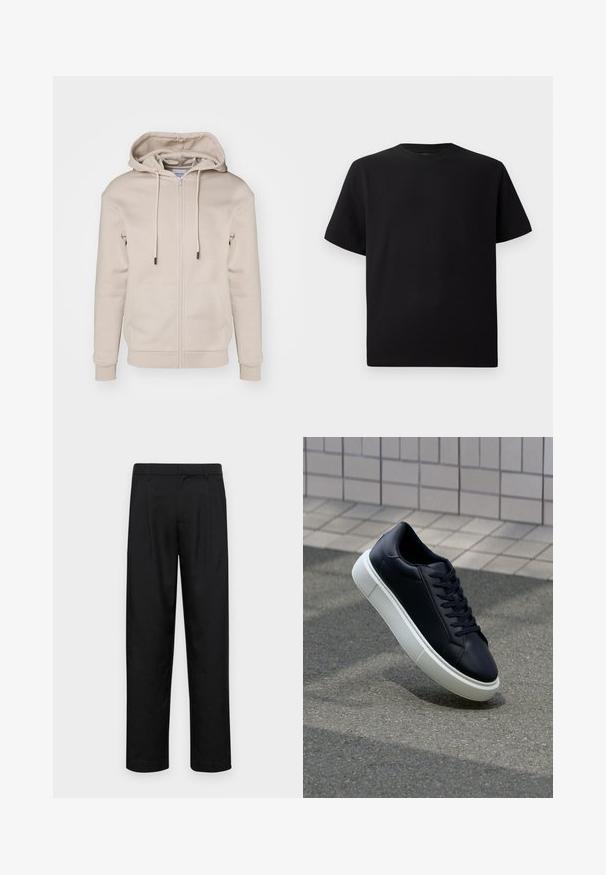 Beige vetoketjuhuppari, joka on valmistettu pehmeästä kankaasta, jossa on nyörihuppu, etutaskut sekä resorit hihansuissa ja helmassa. Sujuva pinta ja minimalismi.; Mustat lyhyet hihattomat T-paidat, jotka on valmistettu teksturoidusta kankaasta. Pyöreä pääntie ja rento istuvuus. Yksinkertainen, ilman kuvioita tai yksityiskohtia.; Mustat housut, jotka on valmistettu sileästä kankaasta, suoran lahkeen muotoilulla, kahdella etupleekillä ja tavanomaisella vyötäröllä, jossa on vyölenkit.; Mustat nahkakengät, joissa on pyöristetty kärki ja valkoinen kumipohja. Varusteena litteät nauhat ja minimaalinen ommel ylhäällä. Teksturoitu pohja pitävyyden lisäämiseksi.