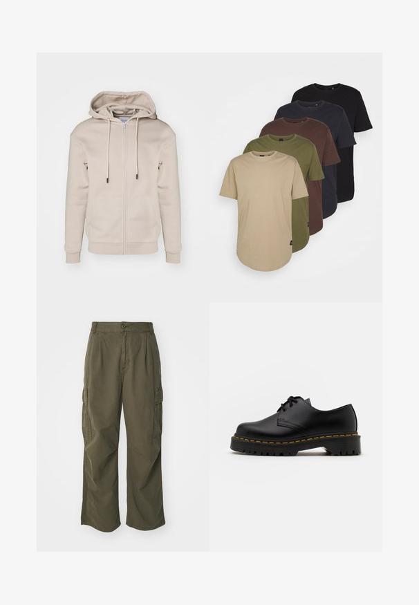 Beige zip-up hoodie made of soft fabric with a drawstring hood, front pockets, and ribbed cuffs and hem. Smooth texture and minimal design.; Five t-shirts arranged in gradient colors: beige, olive, brown, dark blue, and black. Made of soft cotton with short sleeves and round neck.; Cargo pants in olive green, made of cotton, with a wide leg design, pleats, and side pockets for utility.; Black leather lace-up shoe with a rounded toe, textured rubber sole, and yellow stitching around the base. Flat design and smooth finish.