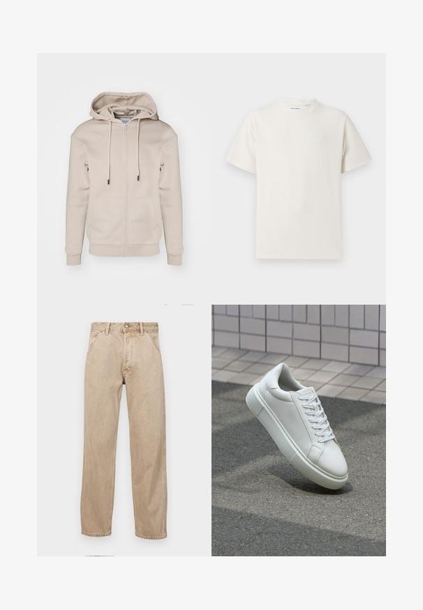 Beige zip-up hoodie van zachte stof met een trekkoordcapuchon, voorzakken en ribboorden aan de mouwen en onderkant. Glad textuur en minimalistisch ontwerp.; Witte korte mouwen T-shirt met ribbelstructuur. Ronde hals, ontspannen pasvorm, geen zichtbare patronen of accenten. Eenvoudig en veelzijdig ontwerp.; Beige denim jeans met een recht gesneden ontwerp, voorzien van voorzakken, een metalen knoopsluiting en een subtiele textuur.; Witte leren sneaker met een glad oppervlak, ronde neus en platte witte veters. Voorzien van een gestructureerde rubberen zool en minimale ontwerpelementen.
