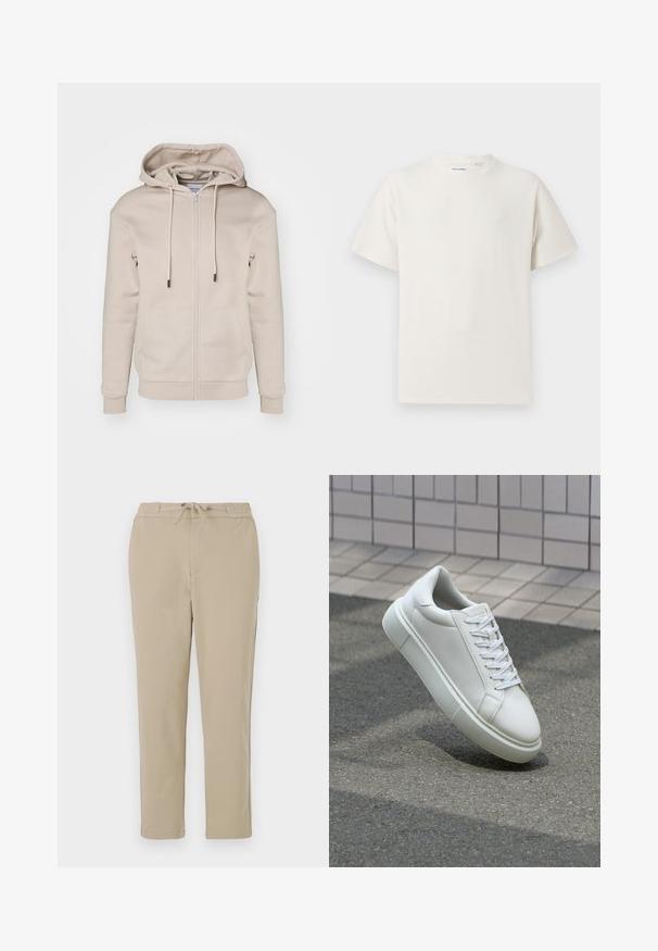 Beige zip-up hoodie made of soft fabric with a drawstring hood, front pockets, and ribbed cuffs and hem. Smooth texture and minimal design.; White short-sleeve T-shirt in a ribbed texture. Round neckline, relaxed fit, no visible patterns or accents. Simple and versatile design.; Beige lounge pants with an elastic waistband and drawstring, featuring a straight leg design and soft, smooth texture.; White leather sneaker with a smooth surface, round toe, and flat white laces. Features a textured rubber sole and minimal design elements.