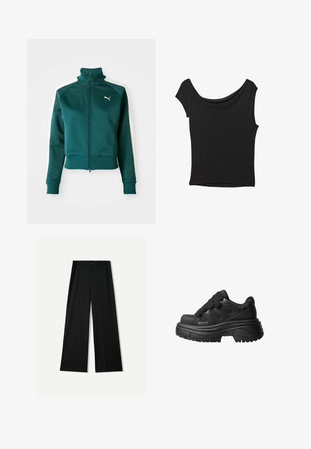 Türkise Zip-Jacke mit weißen Seitenstreifen, hohem Kragen und gerippten Bündchen. Verfügt über ein kleines weißes Logo auf der linken Brust.; Schwarzes Kurzarmoberteil aus glattem Stoff; hat einen drapierten Ausschnitt und einen asymmetrischen Saum, mit einem figurbetonten Körper.; Bershka WIDE - Stoffhose - black; Schwarze klobige Sneakers mit einer strukturierten Oberfläche, breiter Sohle, runder Zehenpartie und dicken Schnürsenkeln. Einsätze aus Mesh und gummiartige Akzente sichtbar.