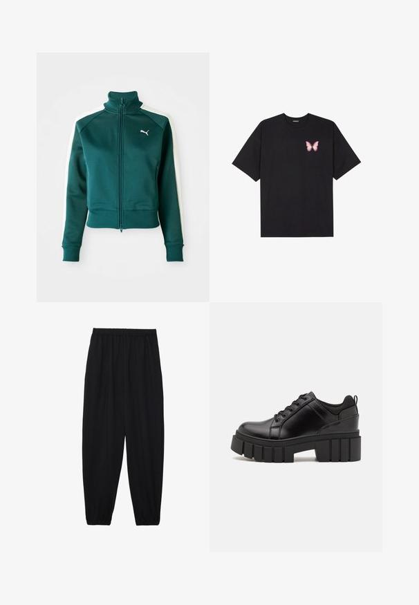 Chaqueta de chándal con cremallera en color verde azulado, con franjas laterales blancas, cuello alto y puños acanalados. Presenta un pequeño logo blanco en el área del pecho izquierdo.; Camiseta de algodón negra de manga corta, con un pequeño gráfico de mariposa rosa en el lado izquierdo del pecho. Diseño de cuello redondo con un corte relajado.; Pantalones negros, ligeros, con cintura elástica y tobillos fruncidos. La tela es suave y presenta un diseño relajado y ajustado.; Zapatos de plataforma de cuero negro con un tacón cuadrado grueso, punta redonda y diseño tradicional de cordones. Presenta una textura suave y un detalle minimalista.