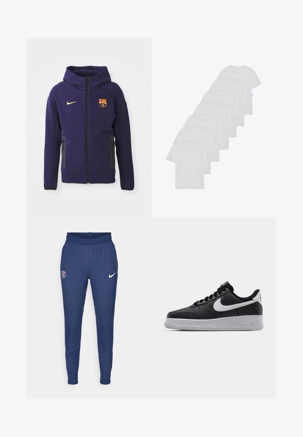 Lila hoodie gjord av fleece-material med full dragkedja, sidofickor och en logotyp av FC Barcelona på bröstet. Justerbar huva.; Vita bomull T-shirts, korta ärmar, rundad halsdesign, slät textur, staplade i en rad, med subtil branding vid halsringningen.; Marina idrottsbukser tillverkade av texturerat tyg, med en Paris-logga på vänster lår och en vit Nike-swoosh på höger.; Svart lädersneaker med strukturerad yta, vit Nike-swoosh, grå sula, rund tå och snörningsdesign. Har perforeringar på tåboxen.