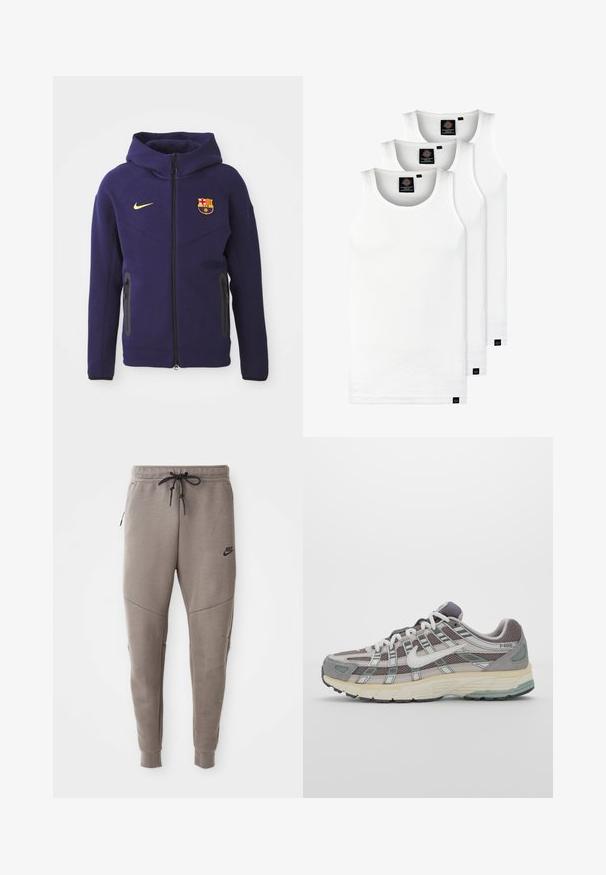 Lila, bolyhos anyagból készült kapucnis pulóver, teljes cipzárral, oldalsó zsebekkel és az FC Barcelona logójával a mellrészen. Állítható kapucni.; Három fehér csíkos pamut trikó. Felső része kerek nyakkivágású, és a szegély közelében kis fekete címkék találhatók. Több méretben elérhető.; Szürke Nike melegítőnadrág húzózsinórral a deréknál, keskeny lábakkal, oldalsó zsebekkel és jellegzetes varrás részletekkel. Puha, texturált anyag.; Szürke sportcipő, hálós és velúr felsőrésszel, fehér részletekkel, párnázott talppal és jellegzetes dizájnnal, amely visszaverő elemeket tartalmaz.