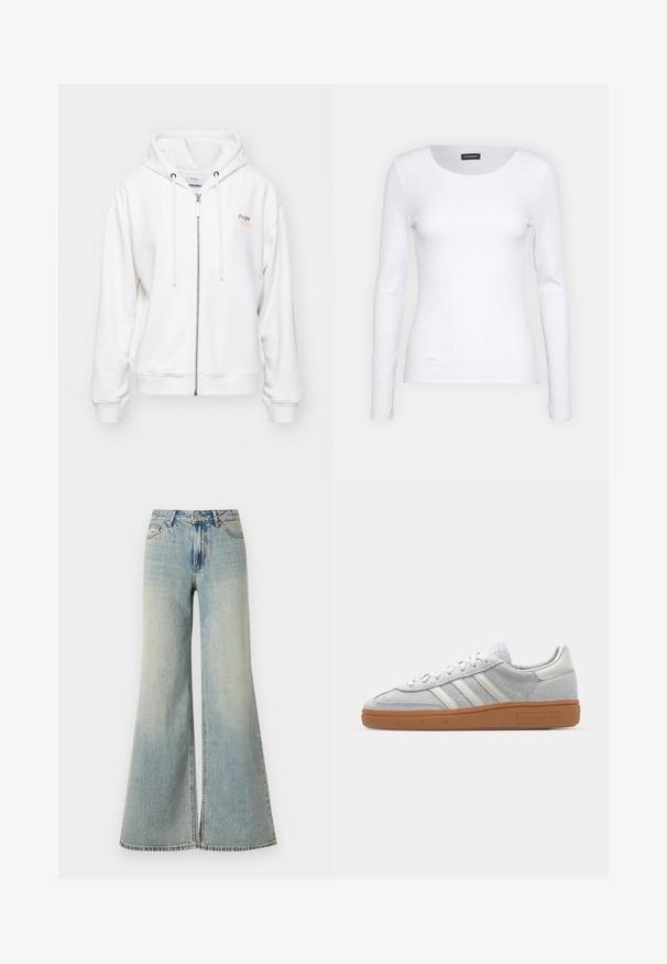 Bijela dukserica s patentnim zatvaračem, izrađena od mekanog materijala, s kapuljačom s vezicom i logotipom u pastelnim bojama s lijeve strane. Rukavi i donji rub s rebrastim završetkom.; Bijela rebrasta dugosveđa majica s okruglim izrezom. Izrađena od rastezljivog materijala koji se prilagođava tijelu. Sadrži suptilne horizontalne linije.; Svijetloplave široke traperice visokog struka, s izgubljenim izdanjem, prednjim džepovima i suptilnim razdjelom na dnu nogavica.; Svijetlosivi nubuk tenisice s bijelim kožnim detaljima, tri bijele pruge i smeđa gumena potplat, s podstavljenim ovratnikom radi udobnosti.