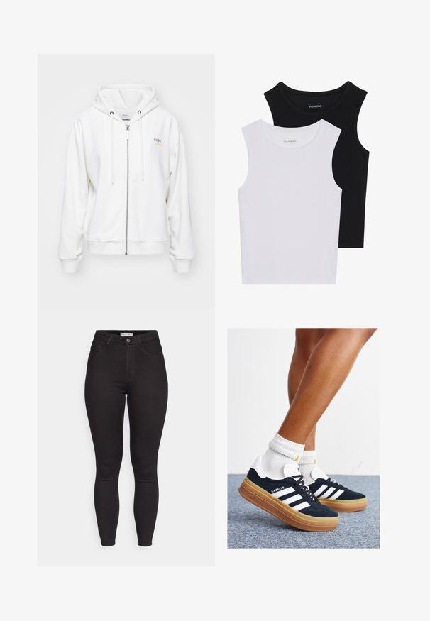 Balta uzvilkšanas kapuce, kas izgatavota no mīksta materiāla, ar regulējamu kapuci un logotipu pasteļkrāsās kreisajā pusē. Ribota apkakle un apakša.; Divas bez piedurknēm melnbaltā krāsā, izgatavotas no ribotu kokvilnas, ar apaļām kakla izgriezumiem un pieguļošu dizainu. Uz abām ir redzami etiķetes.; Melnas augsta vidukļa šaurās džinses ar priekšējo pogu un rāvējslēdzēju, jostas cilpiņām un piecu kabatu dizainu, kas izliktas uz baltā fona.; Melnas zamšādas sporta kurpes ar baltām svītrām un akcentiem, apaļa purngala daļa, gumijas zole, kopā ar baltām ribotām sporta zeķēm.