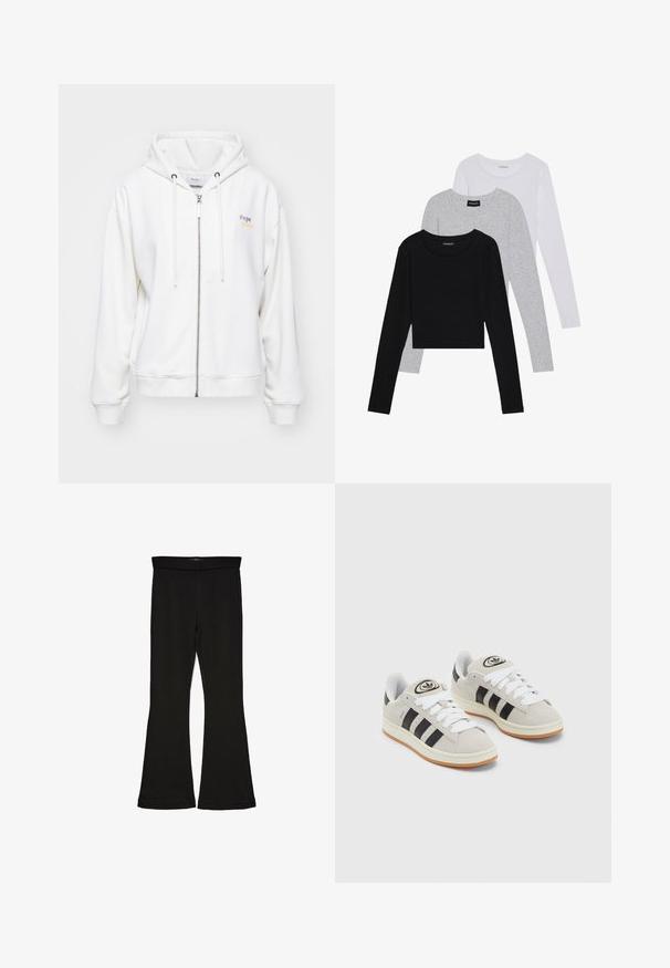 Felpa bianca con zip realizzata in un tessuto morbido, dotata di cappuccio con coulisse e logo in colori pastello sul lato sinistro. Polsini e orlo a costine.; Tre magliette a maniche lunghe impilate: nera, grigia e bianca. Ognuna ha un colletto rotondo e un design accorciato con tessuto morbido e leggero.; Leggings a zampa nera realizzati in un tessuto elasticizzato. Presentano una vita alta e una superficie liscia, con una silhouette aderente che si ampia all'orlo.; Sneakers in suede grigio con lacci bianchi, strisce nere e suola in gomma bianca. Presentano un logo circolare sulla linguetta e una suola in gomma.