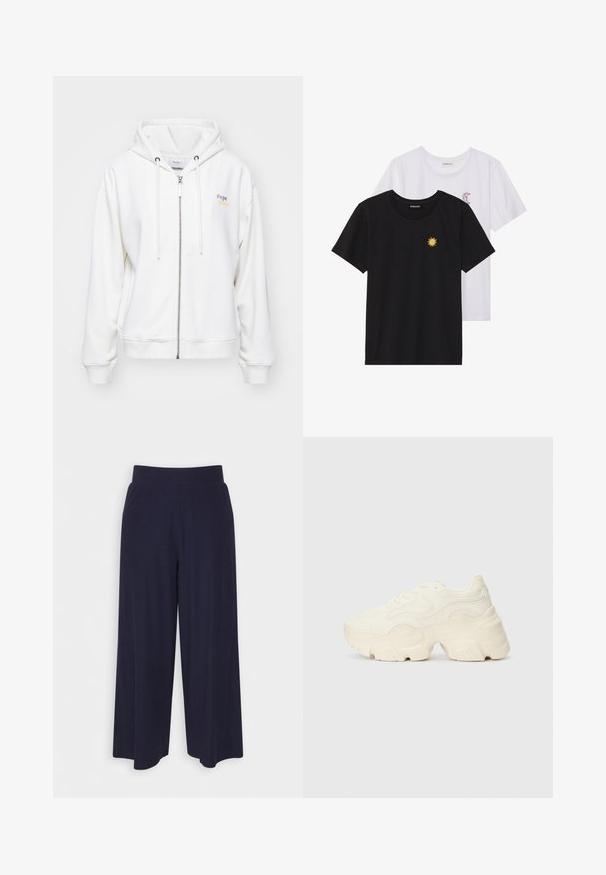 Witte zip-up hoodie gemaakt van zacht materiaal, met een trekkoord capuchon en een logo in pastelkleuren aan de linkerkant. Ribgebreide cuffs en zoom.; Zwart-witte T-shirts, ronde hals, korte mouwen. Het zwarte shirt heeft gele zon-geborduurde details; het witte shirt heeft een purperen halve maan accent.; Wijd-uitlopende broek in donkerblauwe stof met een geribbeld patroon. Heeft een gladde tailleband en een vloeiende silhouet, die tot halverwege de kuiten reikt.; Chunky witte sneakers gemaakt van geperforeerd mesh en synthetische materialen, met een dikke zool en ingewikkelde patroon details aan de zijkanten.