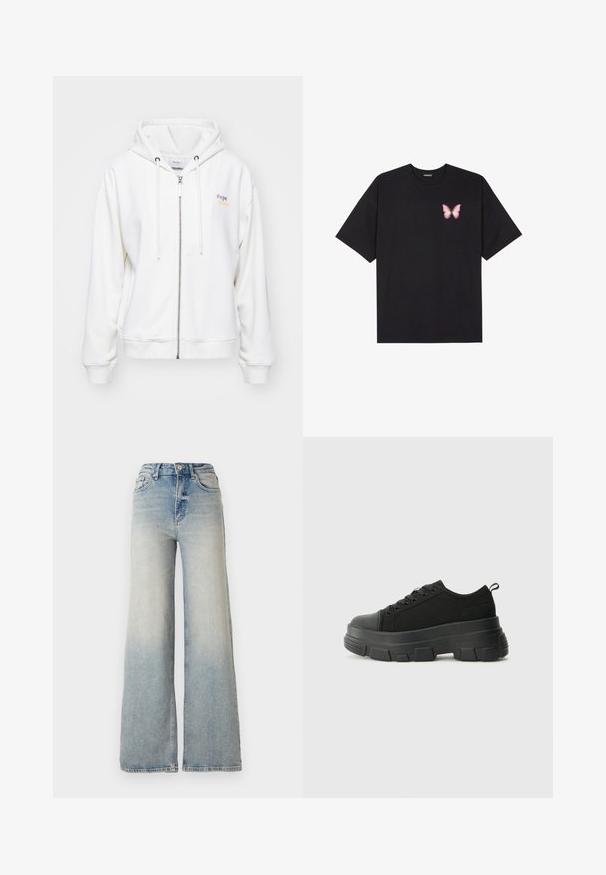 Weiße Zip-Hoodie aus weichem Material, mit einer Kordelzugkapuze und einem Logo in Pastellfarben auf der linken Seite. Gerippte Manschetten und Saum.; Schwarzes Baumwoll-T-Shirt mit kurzen Ärmeln, das ein kleines pinkes Schmetterlingsmotiv auf der linken Brust zeigt. Crewneck-Design mit einem entspannten Schnitt.; Hellblaue weit geschnittene Jeans aus Denim, mit hoher Taille, fünf Taschen und sichtbaren Nähten entlang der Säume.; Schwarze Sneakers mit einer dicken Gummisohle, strukturiertem Obermaterial, runder Zehenpartie und Schnürdesign. Verfügt über verstärkte Ösen und eine Schlaufe an der Rückseite.