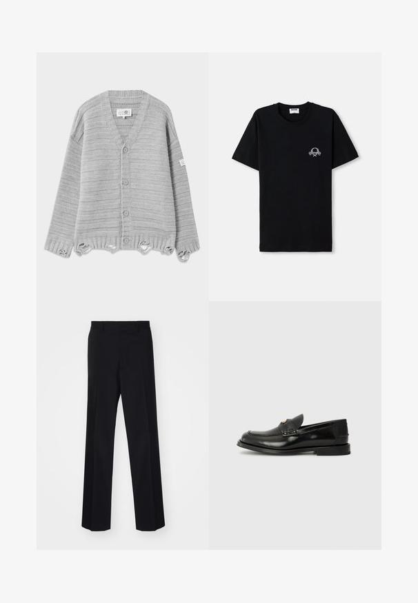 Pilkas megztas kardiganas su V formos iškirpte, penkiais mygtukais, raukiniais ir sugadintais apdailos ypatumais. Horizontaliomis juostelėmis visoje aprangoje.; Juodas medvilnės marškinėliai su apvalia iškirpte. Su mažo balto grafikos dizaino elementu krūtinėje. Trumpomis rankovėmis ir tiesiu pašonu.; Juodos prisiūtos kelnes su plačiomis kojomis, turinčios sklandų paviršių ir aštrius raukšles, pagamintas iš audinio.; Juodų odinių loaferių su apvaliu priekiniu įdubu, dekoratyviniu siuvinėjimu ir maža priekinė anga. Plokščias gumos padas su minimaliu kulnu.