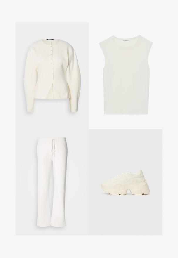 Suéter creme com decote redondo, mangas longas e fecho de botão. Apresenta um design ajustado com uma ligeira fenda na bainha.; Top branco sem mangas com decote redondo. Feito de um tecido liso, apresenta um corte descontraído e um design minimalista. Sem padrões ou detalhes.; Calças de fato brancas, de corte descontraído, feitas de um tecido macio, com um cós elástico e um cordão de ajuste, apresentando um design de pernas retas.; Sapatilhas brancas chunky feitas de malha texturizada e materiais sintéticos, apresentando uma sola espessa e detalhes de padrão intrincados ao longo dos lados.