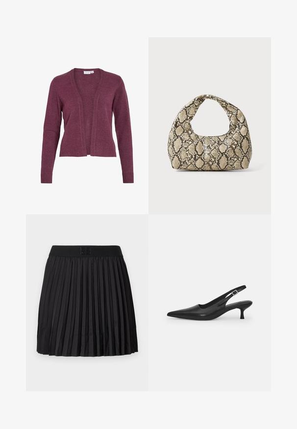 Burgundijas krāsas kardigāns ar atvērtu priekšpusi, garām piedurknēm, ribotām aprocēm un apakšmalu. Izgatavots no mīksta adītā auduma ar vieglu tekstūru.; Melna blūze ar garām caurspīdīgām piedurknēm, teksturētu lapu rakstu, apļa izgriezumu un mazu atslēgu caurumu aizmugurē.; Melna plātnēta svārku ar gludu tekstūru, ar vienkrāsainu melnu jostas daļu un reljefu logotipa detaļu priekšpusē.; Melnas ādas slīdošās kurpes ar norādītu pirkstu un šauru, izliekta papēdi. Ar diskrētu regulējamu siksniņu ar metāla sprādzi.; Čūsku raksta soma ar izliekto rokturi. Izgatavota no teksturētiem, bēšiem un brūniem materiāliem, ar izteiksmīgu dimanta rakstu.