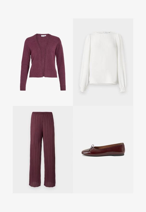 Cardigã burgundy com frente aberta, mangas longas, punhos e barra canelados. Feito de um tecido de malha suave com uma textura leve.; Blusa branca de mangas longas feita de um tecido leve, com decote arredondado, mangas bufantes franzidas e punhos elásticos.; Calças plissadas em bordô profundo com uma faixa elástica na cintura, apresentando um design fluido de pernas largas e pregas verticais por toda a parte.; Bailarinas em couro sintético borgonha com bico redondo, pequeno laço na frente e sola baixa em borracha preta. Textura suave.