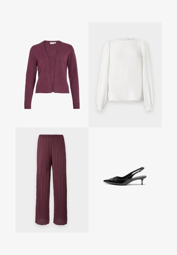 Burgunderfarbener Cardigan mit offenem Frontbereich, langen Ärmeln, gerippten Bündchen und Saum. Hergestellt aus weichem Strickstoff mit leichter Textur.; Weiße Bluse mit langen Ärmeln aus leichtem Stoff, mit einem runden Ausschnitt, gerafften Puffärmeln und elastischen Bündchen.; Plissierte Hose in dunklem Burgunderrot mit einem elastischen Bund, ausgestattet mit einem fließenden, weiten Bein-Design und vertikalen Falten über die gesamte Länge.; Schwarze Leder-Slingback-Absätze mit einer spitzen Zehenform, kleinen Kitten-Absätzen und einem dekorativen Knoten-Detail auf der Vorderseite. Glatte Textur über die gesamte Fläche.