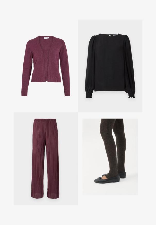 Burgundy cardigan with open front, long sleeves, ribbed cuffs and hem. Made from soft knit fabric with a lightweight texture.; Black blouse with long, puffed sleeves. Features a rounded neckline, back keyhole opening, and smocked cuffs for a fitted look. Smooth texture.; Plisse trousers in deep burgundy with an elastic waistband, featuring a flowing, wide-leg design and vertical pleats throughout.; Black flat shoes with a small bow detail at the toe, paired with dark brown ribbed tights. Shoes have a smooth texture and low profile.