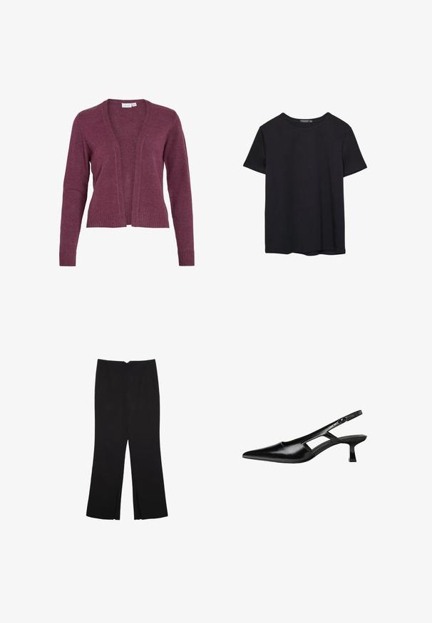 Burgunderfarbener Cardigan mit offenem Frontbereich, langen Ärmeln, gerippten Bündchen und Saum. Hergestellt aus weichem Strickstoff mit leichter Textur.; Einfaches schwarzes T-Shirt aus Baumwolle mit kurzen Ärmeln und Rundhalsausschnitt, auf einem weißen Hintergrund dargestellt.; Schwarze Hose mit geradem Schnitt, ausgestattet mit Fronttaschen und Seitenschlitzen am Saum. Hergestellt aus weichem, glattem Stoff. Geeignet für verschiedene Anlässe.; Schwarze Lackleder-Slingback-High Heels mit spitzer Zehenform, ausgeschnittenem Seitendesign und kleinem Blockabsatz. Glatte Textur mit minimalen Akzenten.